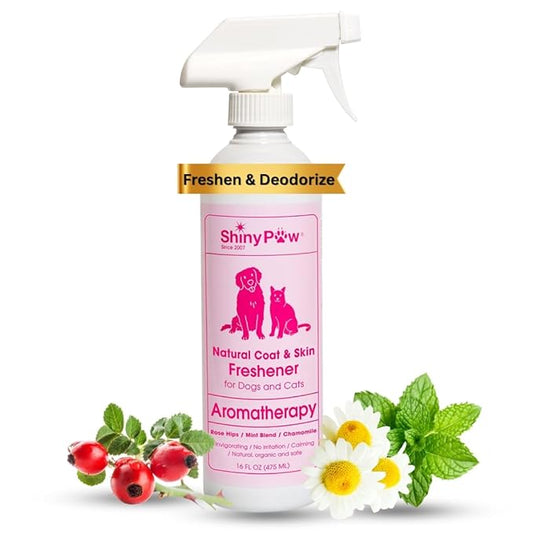 Dog Grooming Spray | Rose Hip, Chamomile & Mint Coat & Skin Freshener by Shiny Paw 16 oz | Dog Odor Spray | Made in the USA