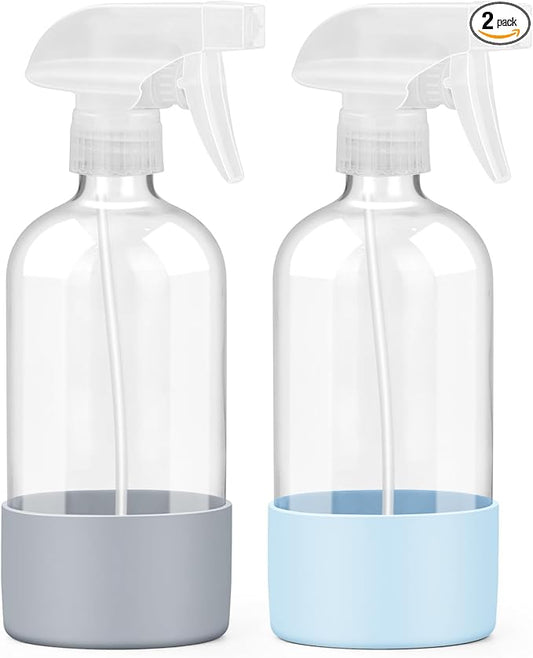 2 Pack Glass Spray Bottles with Silicone Sleeve, 16 oz Empty Refillable Containers with Adjustable Spray Nozzles, Spray Bottles for Hair, Cleaning Solutions and Plants Blue&Grey