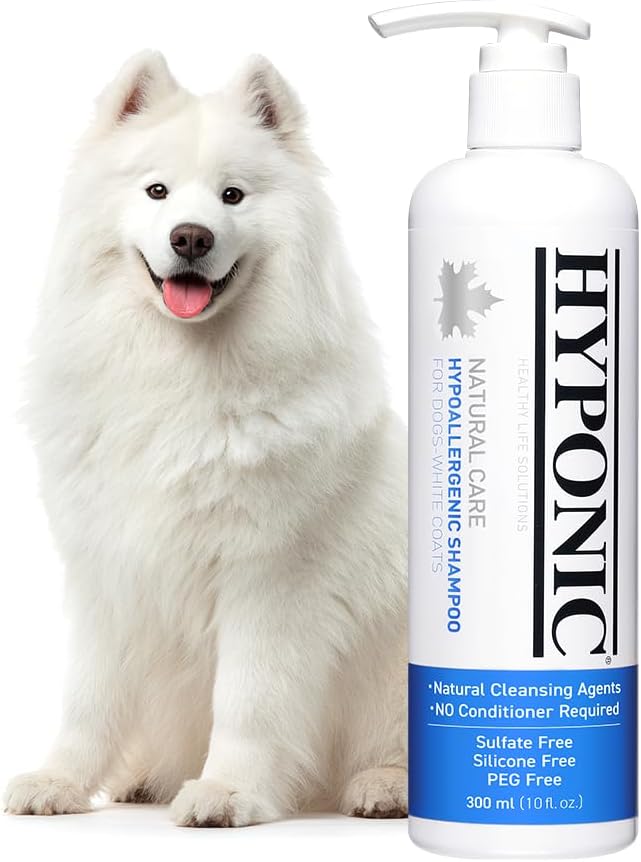 HYPONIC Hypoallergenic Premium Dog Shampoo - Deodorizing, Sensitive Skin, Detangling (White Coats & Brightening (10.1 oz))