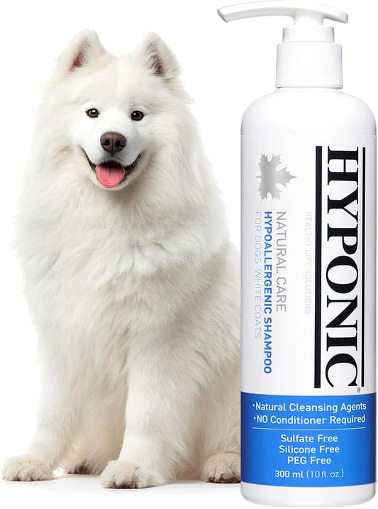 HYPONIC Hypoallergenic Premium Dog Shampoo - Deodorizing, Sensitive Skin, Detangling (White Coats & Brightening (10.1 oz))
