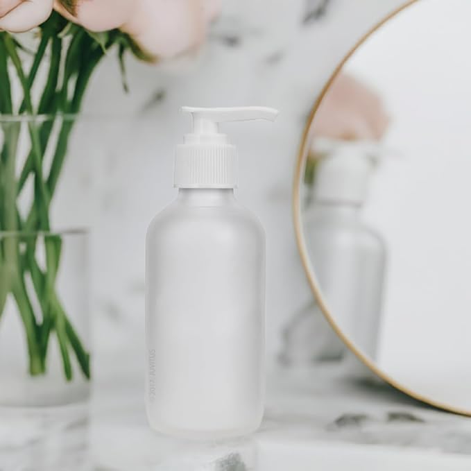 4 oz Frosted Clear Glass Boston Round Bottle with White Lotion Pump (6 Pack) + Funnel