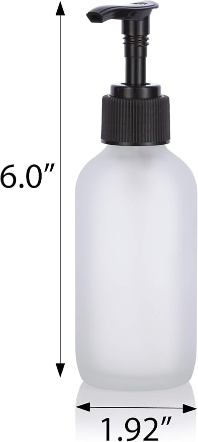 JUVITUS 4 oz Frosted Clear Glass Boston Round Bottle with Black Lotion Pump (6 Pack) + Funnel