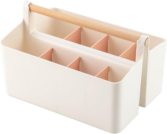 Large Plastic Portable Caddy with Handle, Storage Organizer Bin with Adjustable Dividers for Art Supplies, Crafts, Colored Pencils, Makeup Desk