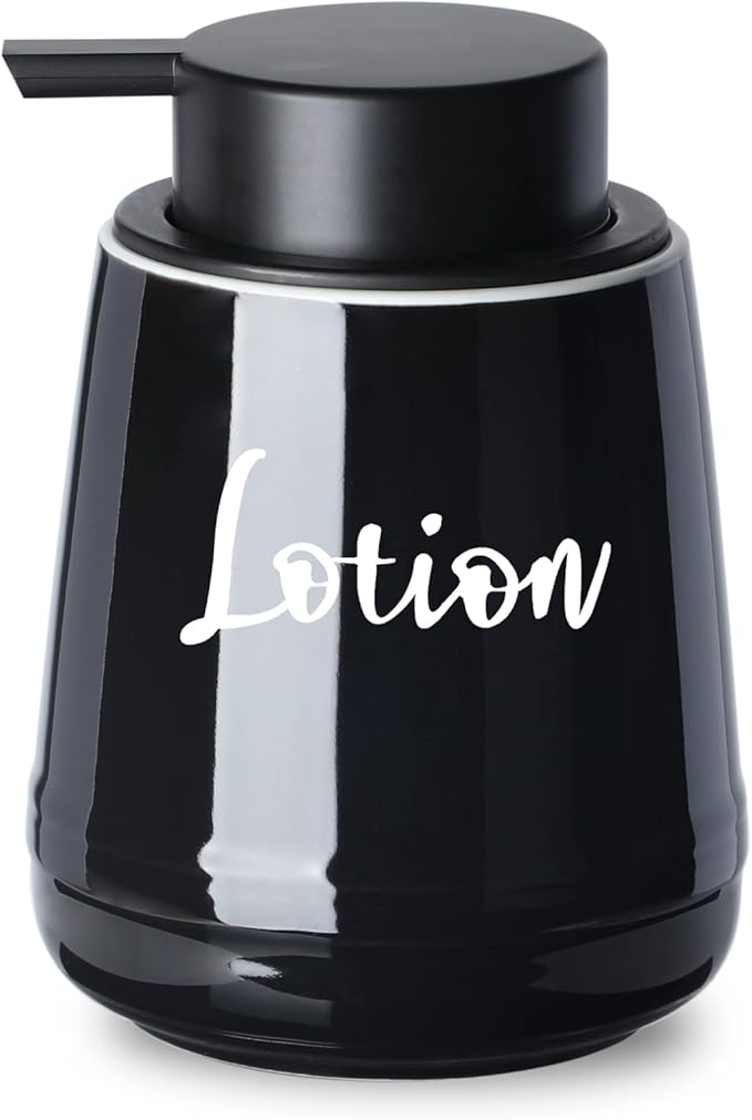 LEETOYI Bathroom Countertop Dispensers Modern Ceramic Soap Lotion Dispenser Bottles, Hand Soap Dispenser for Bathroom, Dish Soap Dispenser for Kitchen, Easy to Press Pump (Black, Labeled Lotion)