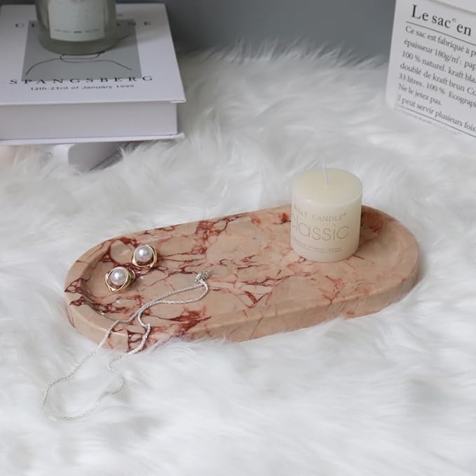 Natural Marble Tray, Oval Vanity Decorative Tray for Bathroom Counter, Countertop Stone Organizer, Catchall Tray for Kitchen, Perfume, Candles, Jewelry Dish Decorative Tray