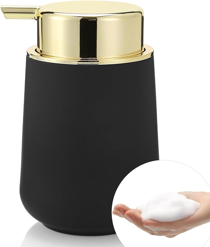 Matte Black and Gold Foaming Hand Soap Dispenser Plastic 11 oz - Modern Luxury Style for Bathroom & Kitchen Countertop Refillable