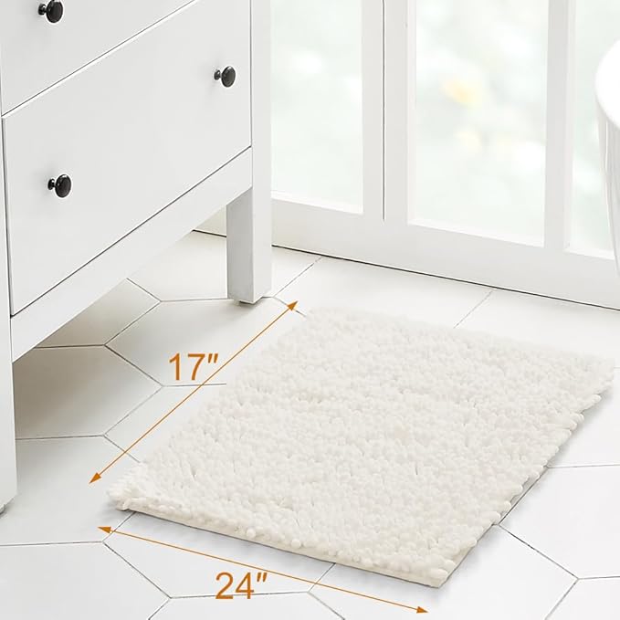 Walensee Bathroom Rug Non Slip Bath Mat (24x17 Inch Ivory) Water Absorbent Super Soft Shaggy Chenille Machine Washable Dry Extra Thick Perfect Absorbant Best Small Plush Carpet for Shower Floor