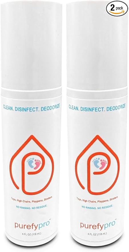 Purefypro Disinfectant Spray (4oz, 2pk) for Toys, High Chair, Playpen, Strollers - Kills 99.9999% E Coli, Norovirus, Flu Viruses, Viruses, MRSA, Bacteria, Fungi, No Rinse, No Residue