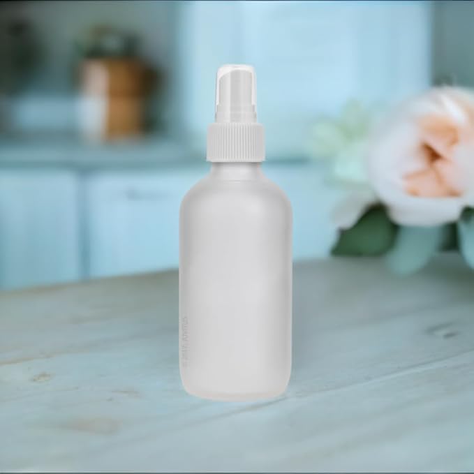 JUVITUS 4 oz Frosted Clear Glass Boston Round Bottle with White Fine Mist Sprayer (6 Pack) + Funnel
