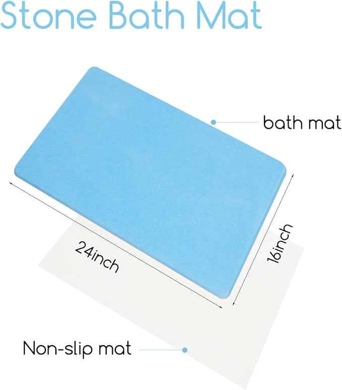 Stone Bath Mat 24"x16" - Diatomaceous Earth Shower Mat, Quick Dry, Anti-Slip, Modern Design with Bonus Non-Slip Pad - Perfect for Home Safety and Style, (Blue)
