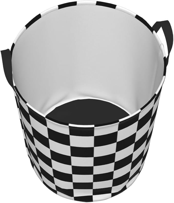 Black And White Plaid Racing Pattern Laundry Hamper Bag With Waterproof Liner - Checkered Race Flag Round Laundry Basket Foldable Clothes Storage Organizer For Bathroom Bedroom Nursery Dorm, S