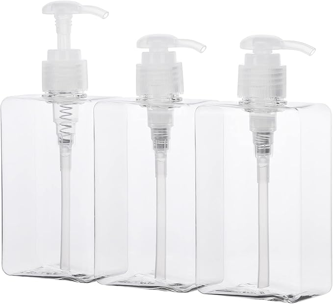Suream Refillable Shampoo and Conditioner Bottles, 9.5oz/280ml Clear Plastic Pump Dispensers for Shower, Square Empty Bathroom Bottle for Body Wash, Essential Oil, Soap Liquid, Lotion, 3Pack