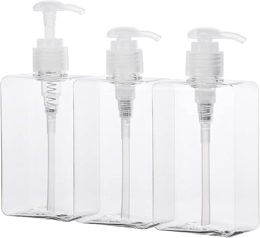 Suream Refillable Shampoo and Conditioner Bottles, 9.5oz/280ml Clear Plastic Pump Dispensers for Shower, Square Empty Bathroom Bottle for Body Wash, Essential Oil, Soap Liquid, Lotion, 3Pack
