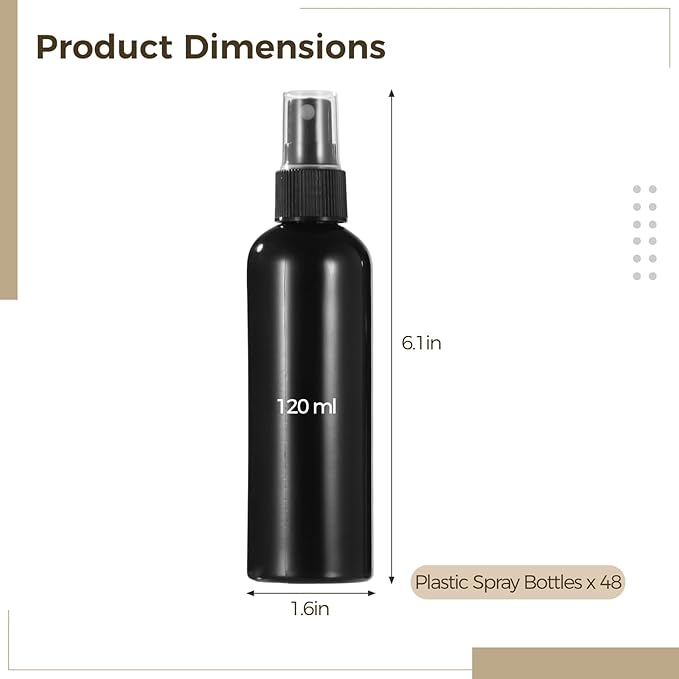 48 Pcs 4 oz Plastic Spray Bottles - 120 ML Travel Size, Fine Mist Sprayers, Ideal for Perfumes, Cosmetics, Cleaning Solutions, and More, Black