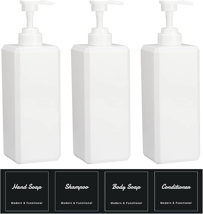 Suream Shampoo and Conditioner Dispenser Set - 27oz Plastic Empty Bottle with 4PCS Lables, Reusable Countertop Soap Organizer for Shower Gel, Hand Wash, Lotion, Massage Oil