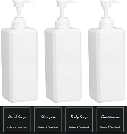 Suream Shampoo and Conditioner Dispenser Set - 27oz Plastic Empty Bottle with 4PCS Lables, Reusable Countertop Soap Organizer for Shower Gel, Hand Wash, Lotion, Massage Oil