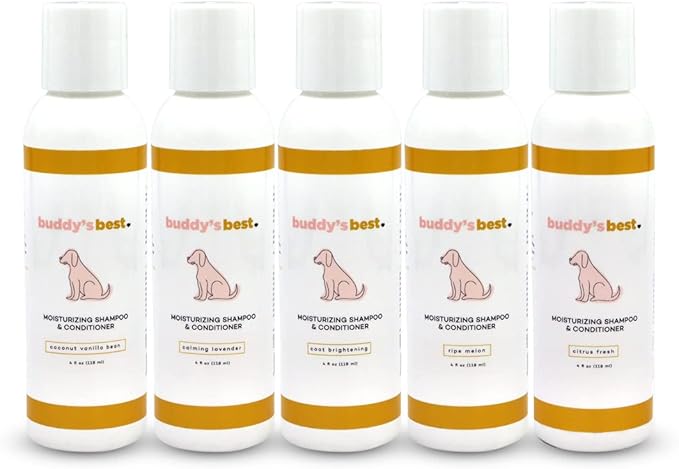 Buddy’s Best 4oz Travel-Size Dog Shampoo and Conditioner with Shea Butter, Oatmeal, Biotin, and Aloe Vera, Alcohol-Free Deep Moisturizer for Dry, Itchy Skin and Coats (Citrus Fresh)