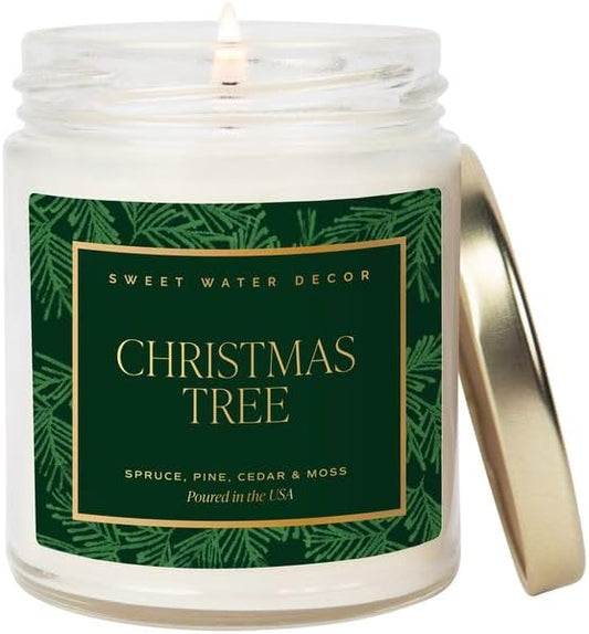 Sweet Water Decor Christmas Tree Candle - Spruce, Pine Needles and Evergreen Candles Scented Soy Candles for Home - Christmas Candle 9oz Clear Jar, 40 Hour Burn Time, Made in The USA