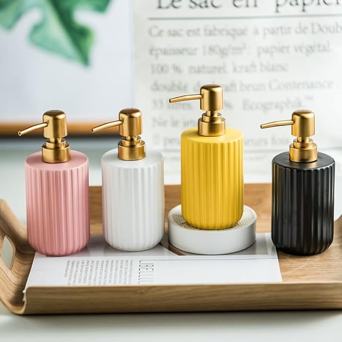 Chic Cylinder-Shaped Soap Dispenser, Vertical Stripe Design with Gold Pump, Ceramic Lotion Dispenser(Black)