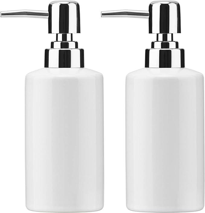 FE Soap Dispenser, 300ml/10oz Ceramic Liquid Soap Pump Dispenser, Refillable Dish Soap Dispenser for Kitchen Bathroom Washroom (White, 2 Pack)