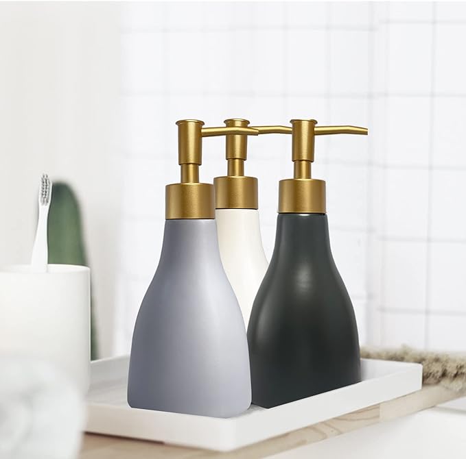 280ml Liquid Soap Dispenser for Bathroom with Gold Pump，Dish Soap Dispenser for Kitchen，Refillable Countertop Lotion Ceramics Gray Hand Soap Dispenser for Shower