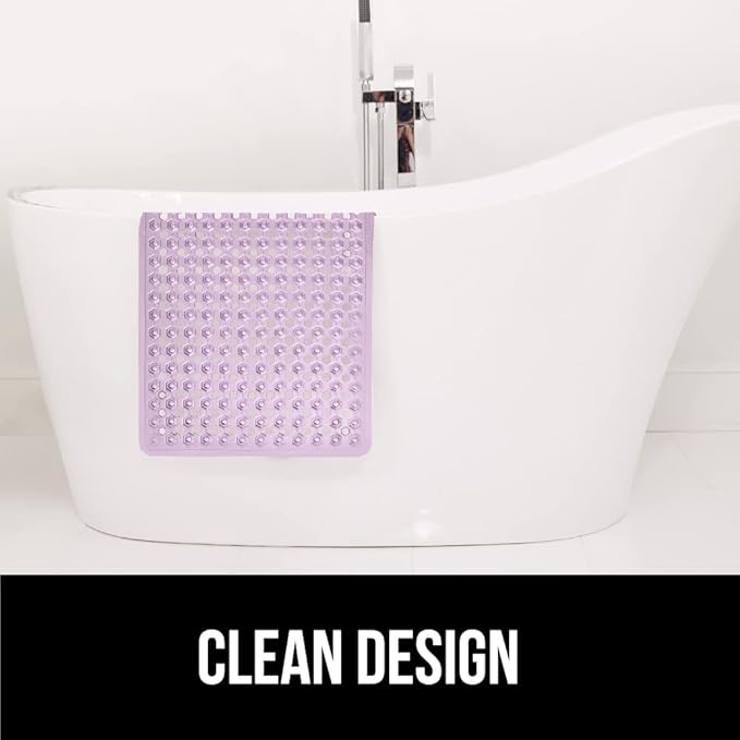 GORILLA GRIP Patented Bath Tub Shower Mat, Machine Washable Bathtub Floor Liner Mats, Suction Cups and Drain Holes to Keep Tubs Clean, Soft on Feet, Bathroom Essentials, 35x16 Inch, Clear Purple