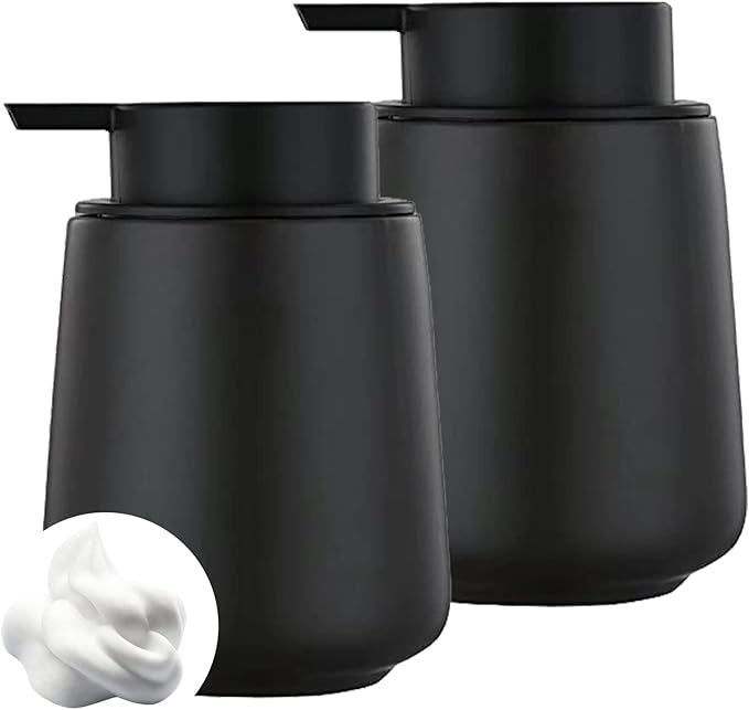 12Oz Black Foaming Soap Dispenser - Ceramic Foam Hand Soap Dispenser Set with Easy-to-Press Pump, Refillable Liquid Dish Soap Dispensers for Bathroom and Kitchen, 2 Pack