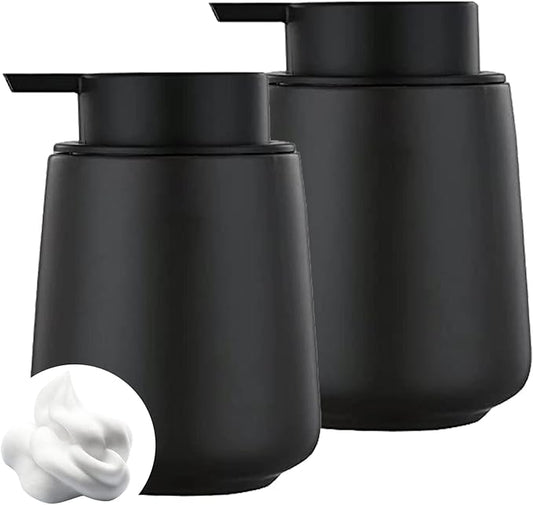 12Oz Black Foaming Soap Dispenser - Ceramic Foam Hand Soap Dispenser Set with Easy-to-Press Pump, Refillable Liquid Dish Soap Dispensers for Bathroom and Kitchen, 2 Pack