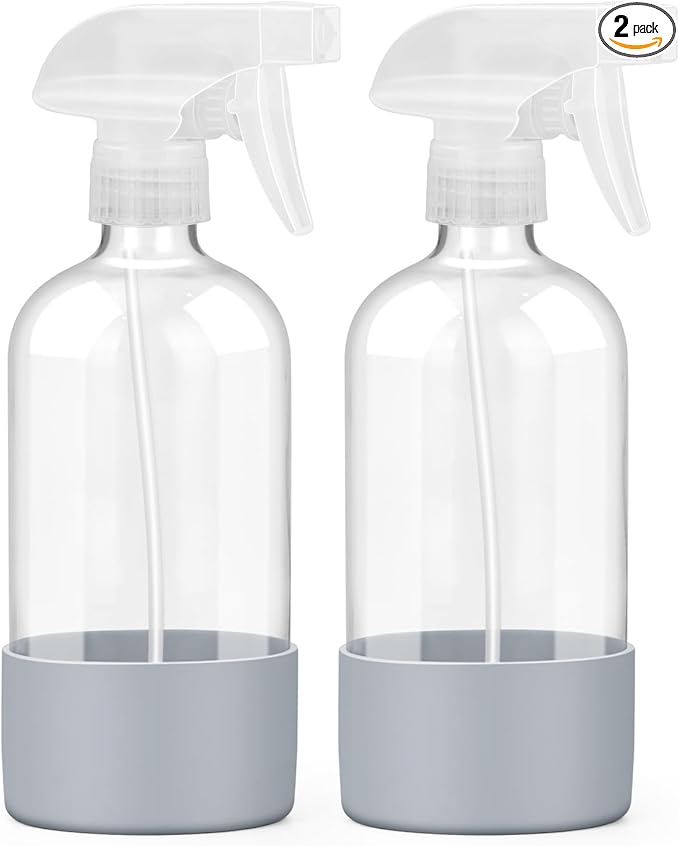 2 Pack Glass Spray Bottles with Silicone Sleeve, 16 oz Empty Refillable Containers with Adjustable Spray Nozzles, Spray Bottles for Hair, Cleaning Solutions and Plants