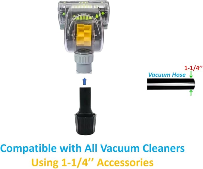 1-1/4'' Vacuum Turbo Brush Attachment for Pet Hair Removal – Fits Shop Vacs 1.25”(32mm) Hoses with Adapter– Air Driven Turbo Brush Compatible with Most Vacuum Cleaners Outer Diameter Hose 1-1/4