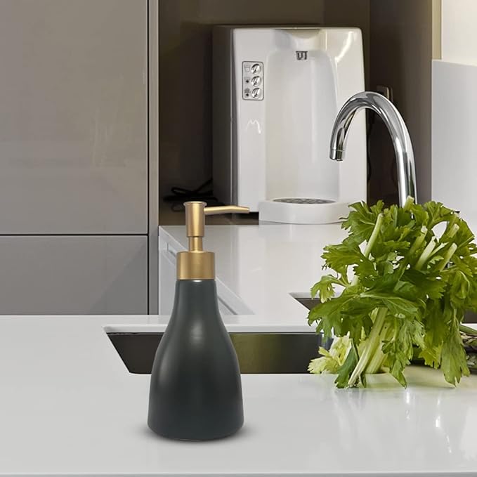 280ml Black Ceramic Liquid Soap Dispenser for Bathroom & Kitchen with Gold Pump,Refillable Countertop Hand Sanitizer Bottle,Chic Home Deco(Cone Black Bottle)