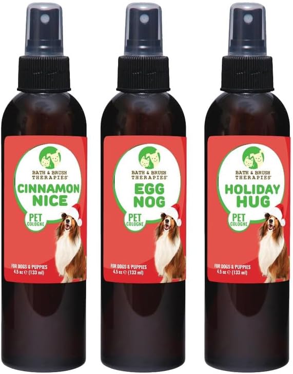 Bath & Brush Therapies® 3-Pack: 4.5 oz. Cinnamon Nice, Eggnog, Holiday Hug Pet Cologne For Dogs | Long-Lasting Odor Eliminator | Paraben-Free | Biodegradable and Non-Toxic | Made In The USA
