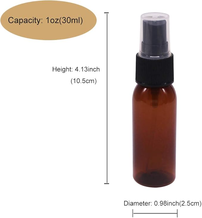1 oz 24 Pack Amber Plastic Spray Bottles for Essential Oil, Perfume, Aromatherapy, Alcohol, Travel Bottles With Fine Mist Sprayer, Funnel, Chalk Labels, Pen