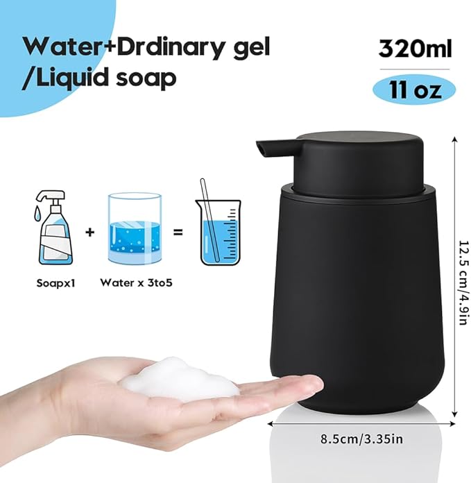 Matte Black Foaming Hand Soap Dispenser Plastic 11 oz - Modern Minimalist Style for Bathroom & Kitchen Countertop Refillable