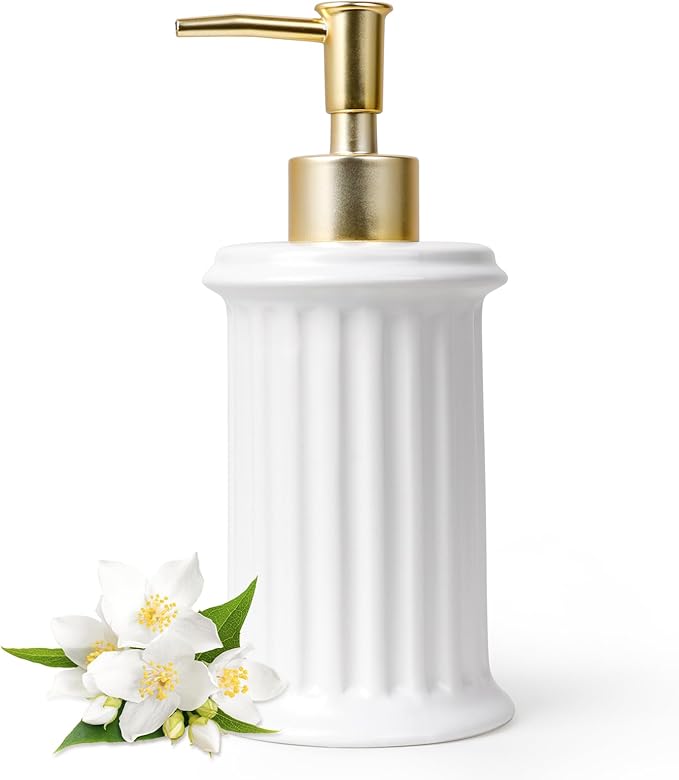 Bosilunlife Hand Soap Dispenser Ceramic - 9.5oz Lotion Dispenser for Bathroom, Dish Soap Dispenser for Kitchen, Modern Easy-to-Press, Refillable for Shampoo, Shower Gel, Cleanser, Hand Soap (White)