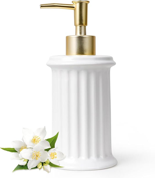 Bosilunlife Hand Soap Dispenser Ceramic - 9.5oz Lotion Dispenser for Bathroom, Dish Soap Dispenser for Kitchen, Modern Easy-to-Press, Refillable for Shampoo, Shower Gel, Cleanser, Hand Soap (White)