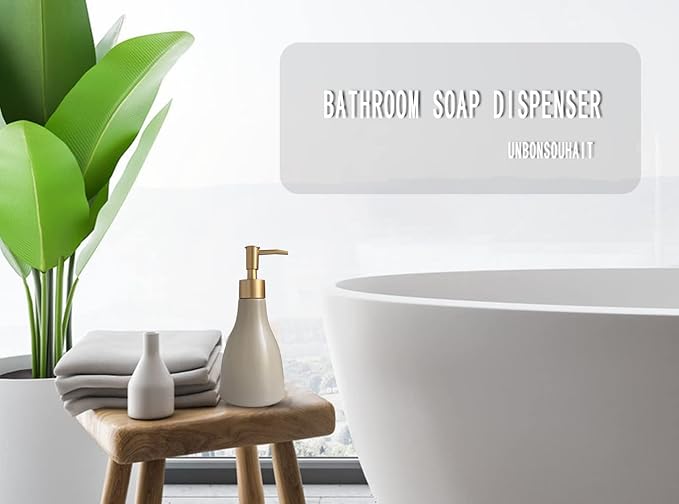 280ml Liquid Soap Dispenser for Bathroom with Gold Pump，Dish Soap Dispenser for Kitchen，Refillable Countertop Lotion Ceramics Khaki Hand Soap Dispenser for Shower