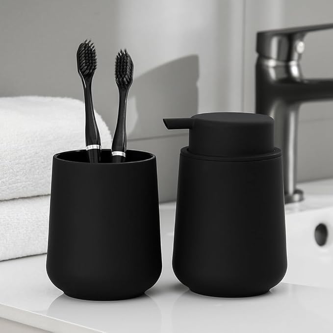Matte Black Foaming Hand Soap Dispenser Plastic 11 oz - Modern Minimalist Style for Bathroom & Kitchen Countertop Refillable