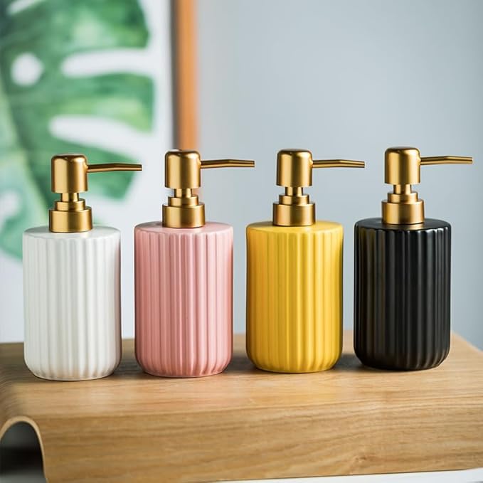 Chic Cylinder-Shaped Soap Dispenser, Vertical Stripe Design with Gold Pump, Ceramic Lotion Dispenser(Black)