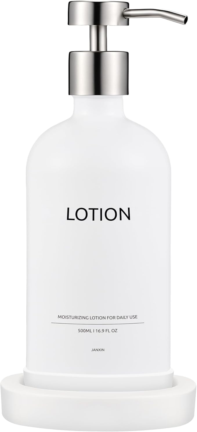 Glass Soap Dispenser Set by Janxin,Bathroom Soap Dispenser Set with Ceramic Tray,Luxury Bathroom Accessories,Modern Kitchen Decor (White+Silver(Lotion))