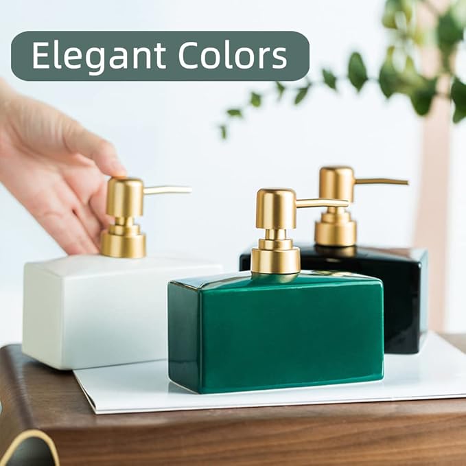 Modern Soap Dispenser with Matte Golden Pump for Bathroom, 13.5 oz Ceramic Rectangle Lotion Dispenser, Refillable Dish Soap Dispenser (White)