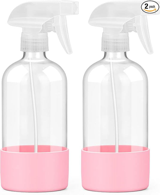 2 Pack Glass Spray Bottles with Silicone Sleeve, 16 oz Empty Refillable Containers with Adjustable Spray Nozzles, Spray Bottles for Hair, Cleaning Solutions and Plants Pink