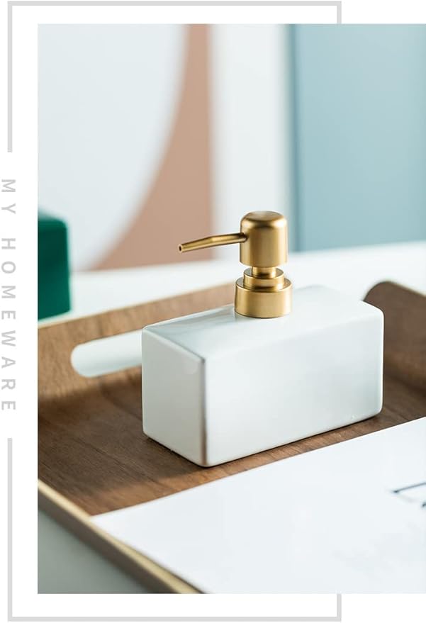 Modern Soap Dispenser with Matte Golden Pump for Bathroom, 13.5 oz Ceramic Rectangle Lotion Dispenser, Refillable Dish Soap Dispenser (White)