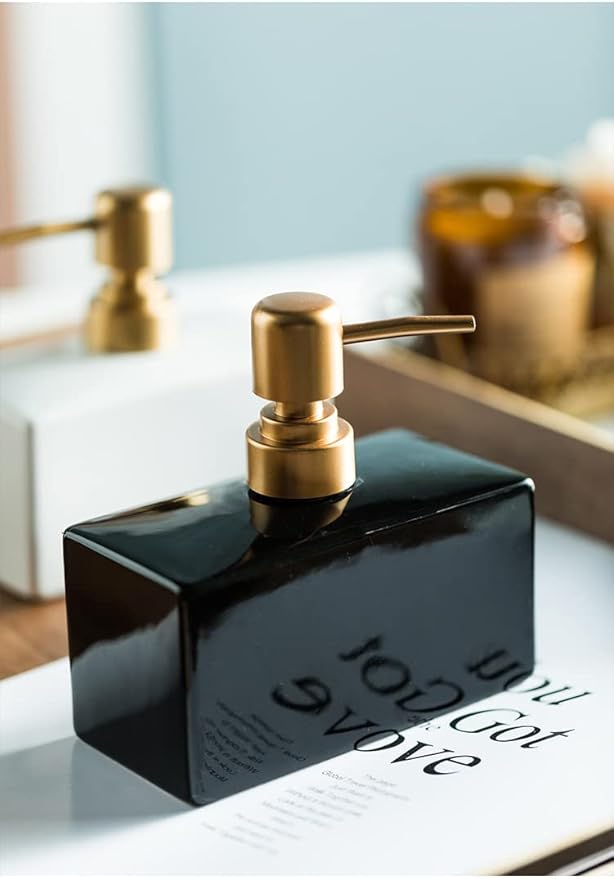 Modern Soap Dispenser with Matte Golden Pump for Bathroom, 13.5 oz Ceramic Rectangle Lotion Dispenser, Refillable Dish Soap Dispenser (Black)