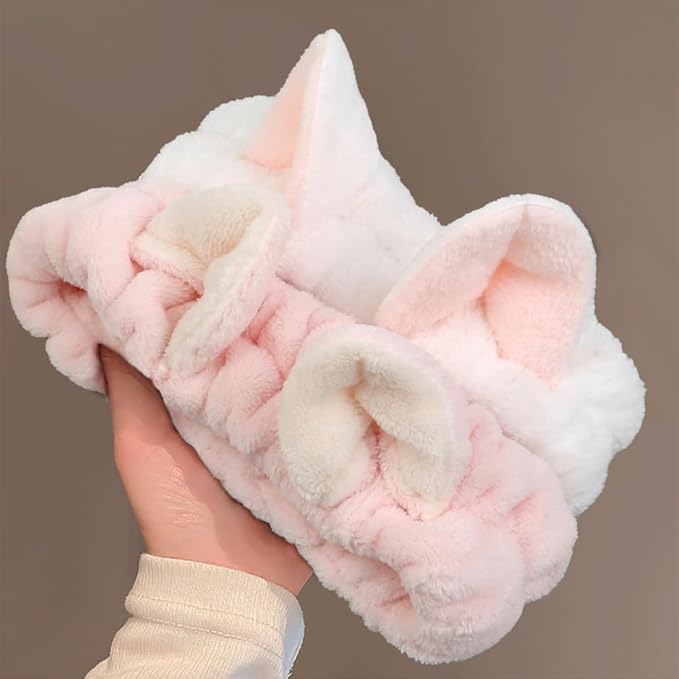 Huachi 2 Packs Cute Cat Ears Spa Headband for Washing Face Makeup Skincare, Kitty Animal Headbands for Women Girls Trendy Stuff Gifts Soft Coral Fleece Facial Wash Hair Accessories (White + Pink)