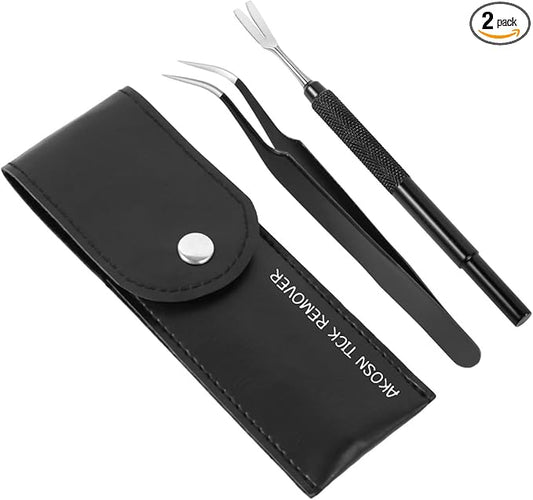 Premium Tick Removal Tool, Perfect Tick Remover for Dogs Cats &Humans, Safe Tick Control Puller, with Precision Fine Point Tip Curved Tweezers Set, Meet Various Needs, Stainless Steel- 2 Sets