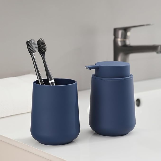 Matte Navy Blue Liquid Hand Soap Dispenser Plastic 11 oz - Modern Minimalist Style for Bathroom & Kitchen Countertop Refillable