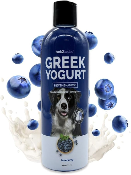 Bark2Basics Blueberry Greek Yogurt Shampoo, 16 oz - Protein Pet Shampoo, Natural Ingredients, Restores Moisture to Dry Coats, Soothes Dry Itchy Skin, 16:1 Concentrated, Professional