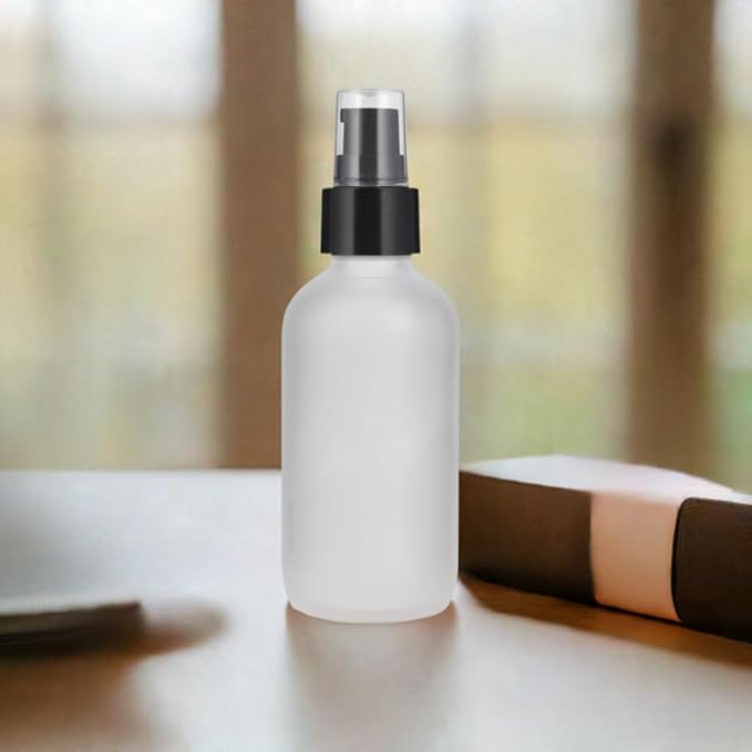 JUVITUS 4 oz Frosted Clear Glass Boston Round Bottle with Black Treatment Pump (6 Pack) + Funnel