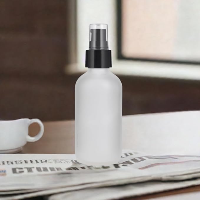 JUVITUS 4 oz Frosted Clear Glass Boston Round Bottle with Black Treatment Pump (6 Pack) + Funnel